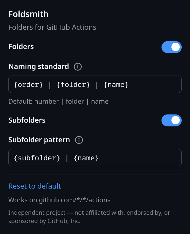 The Foldsmith popup: a Folders toggle, the naming standard field, a Subfolders toggle, and the subfolder pattern field.